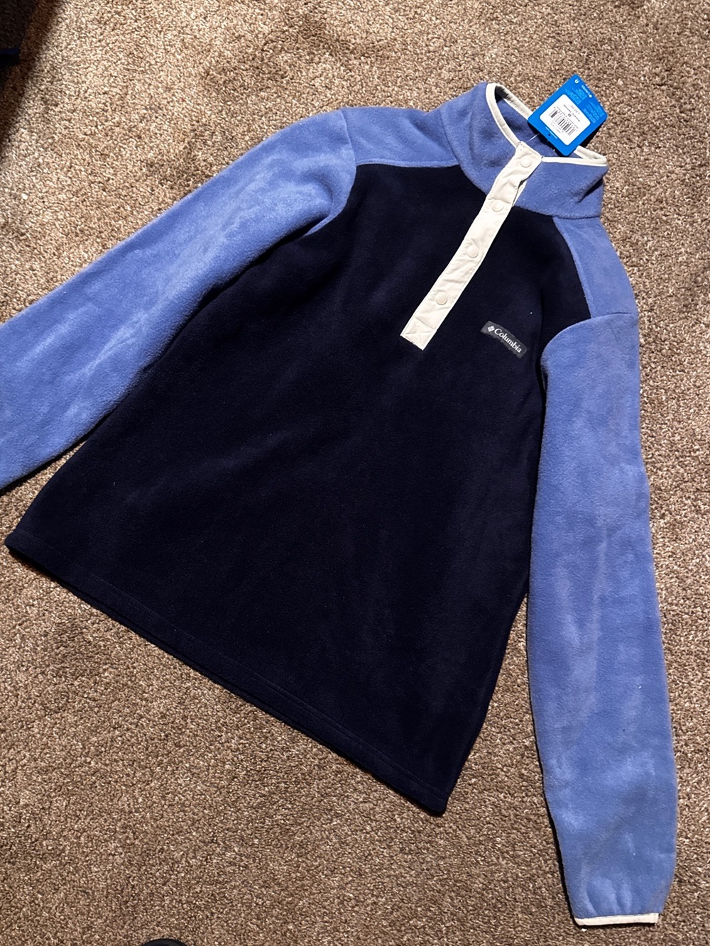 Columbia Two-Tone Fleece Pullover Navy & Light Blue Cream Trim Pullover Snap nwt